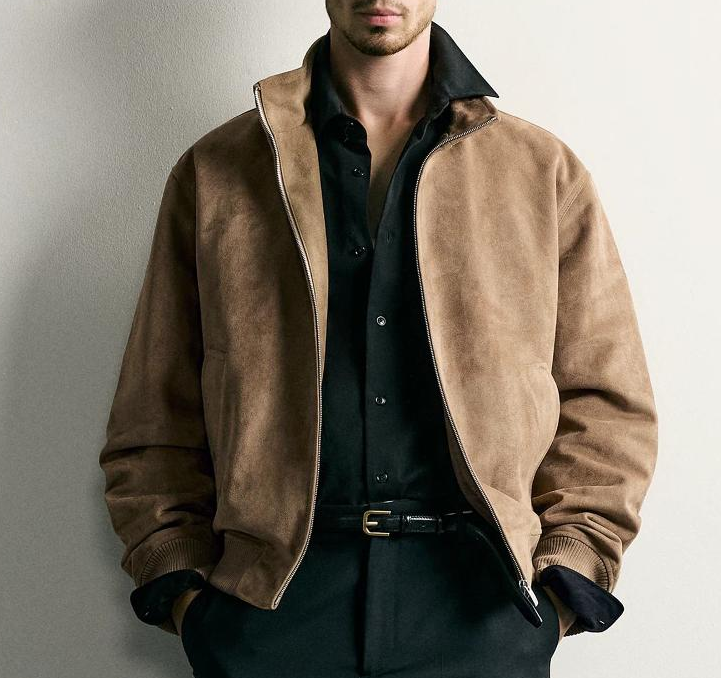 Men Minimalist Faux Suede High Neck Zip Up Short Jacket Long Sleeve Solid Color Loose Fit Spring Autumn Casual Outerwear S-XL