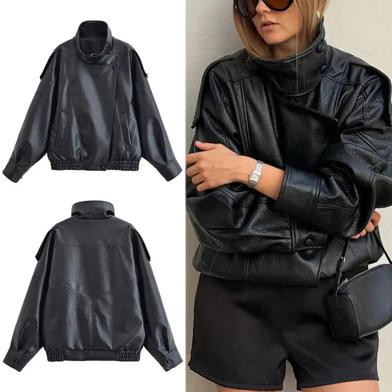 Veste en simili cuir pour femmes, col montant zippé avec poches, vêtements d'extérieur décontractés et tendance de Style urbain pour l'automne