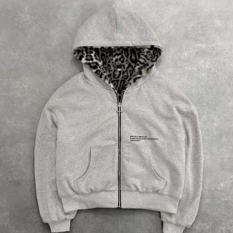 Designer de haute qualité imprimé léopard réversible à capuche zippé coupe ample à manches longues sweat-shirt décontracté 2025 automne hiver str