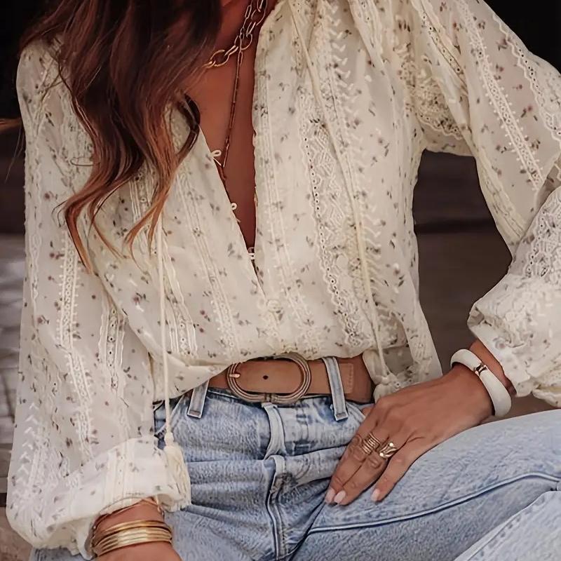Womens Vintage Ditsy Floral Eyelet Lace Blouse Deep V Neck Tassel Detail Bishop Sleeve Loose Fit Bohemian Casual Top