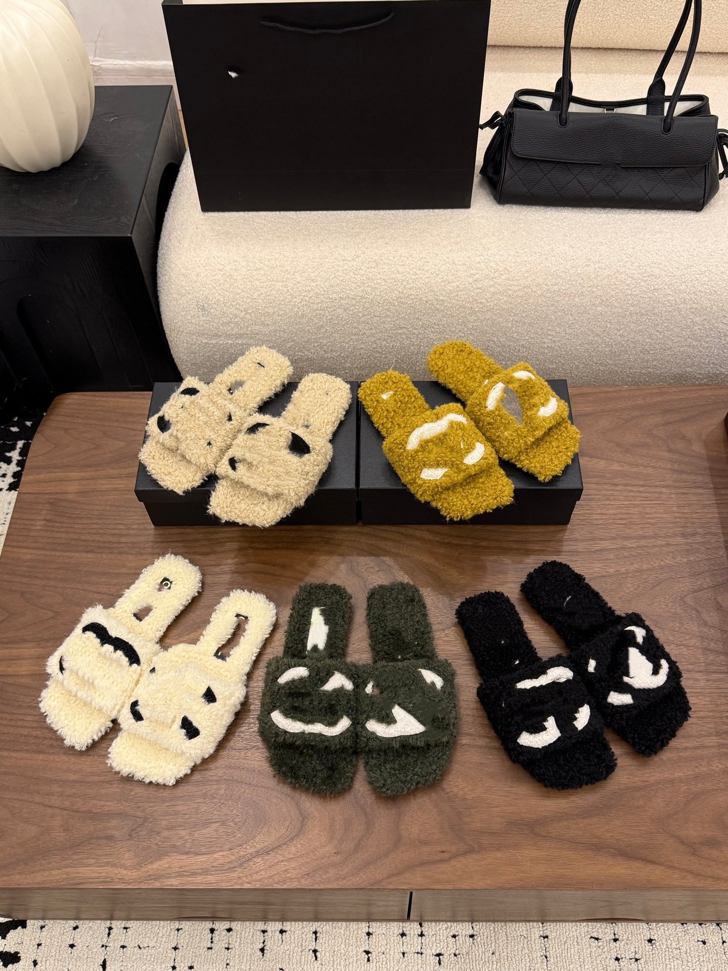Women's Curly Shearling Slides Plush Furry Open Toe Slippers with Metal Logo Detail Genuine Leather Sole Indoor Outdoor Footwear