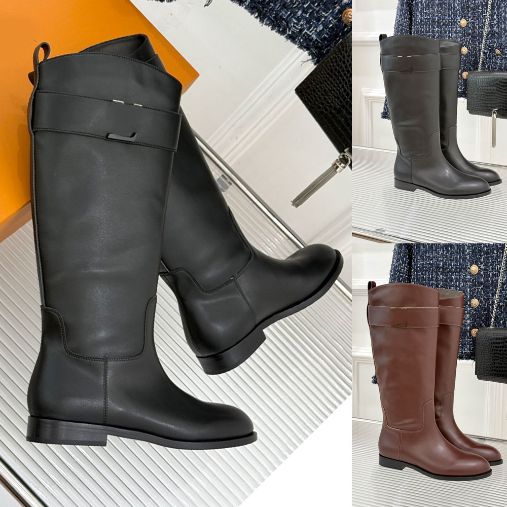 Midtown Flat High Boot Designer Knee High Boots 1AIUMF classic riding boot black plain calf leather knee boots fashion luxury equestrian boots Leath