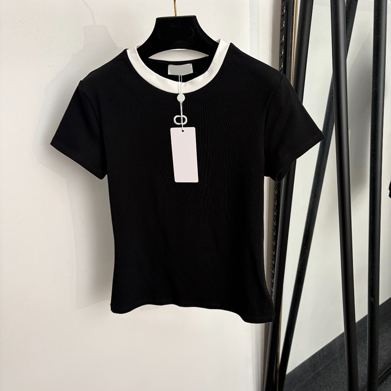 Women Slim Fitted T Shirt Short Sleeve Embroidery Cotton Thin Classic Tees Summer Breathable Versatile Cozy Casual Tops