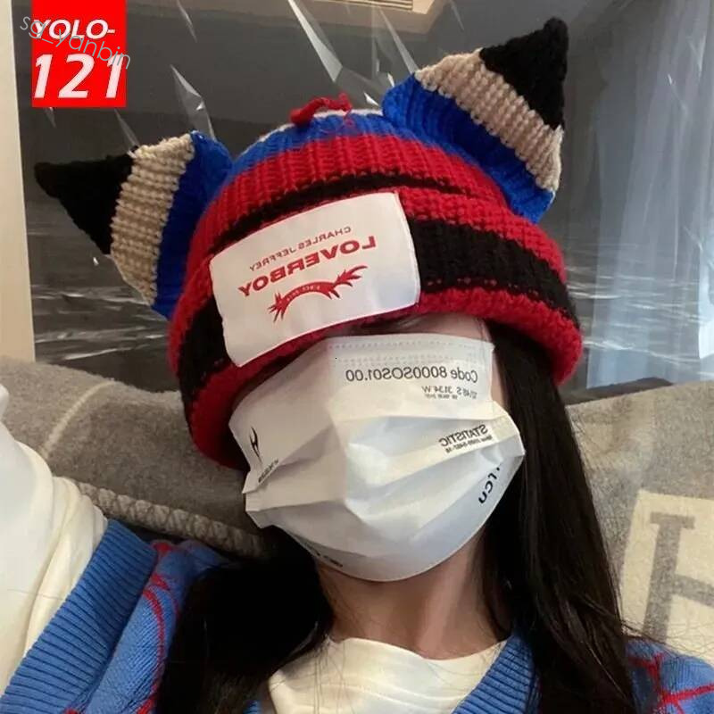 Bonnet / Skull Caps Loverboy Cat Knit Double couche Chaud Porc Oreille Laine Mignon Mode Capuchon À Capuchon Hip hop Personnalité Chapeau Froid 2