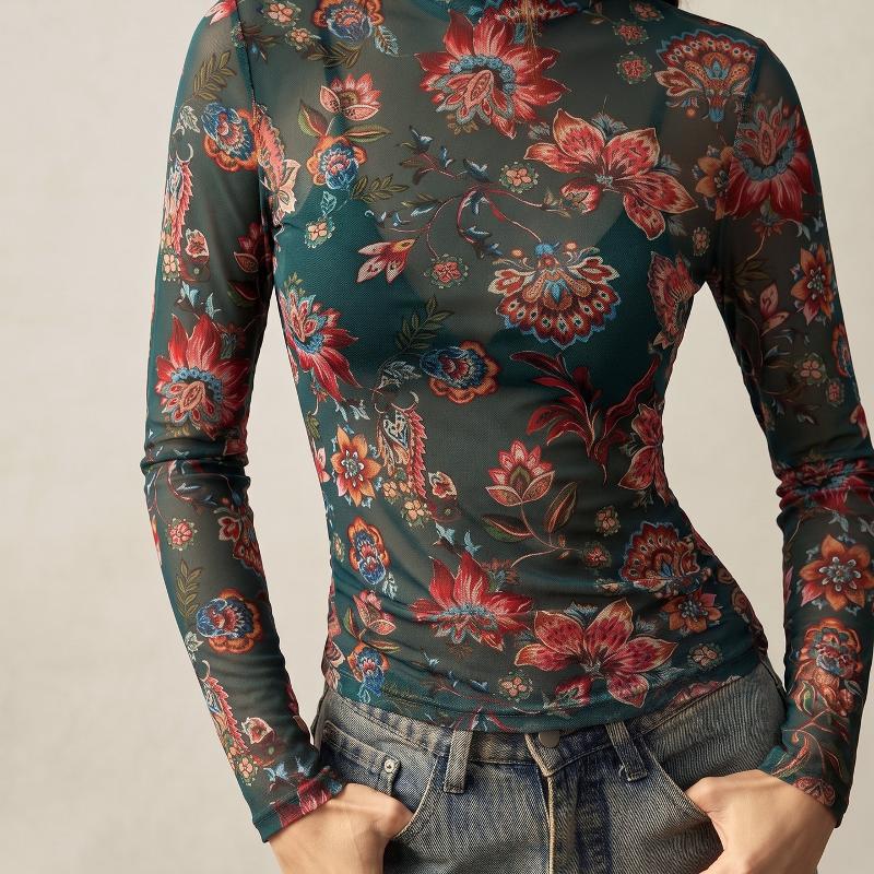 Women Vintage Floral Print Mesh Top Mock Neck Slim Fit Long Sleeve Blouse Sexy Streetwear Fall Pullover Shirt
