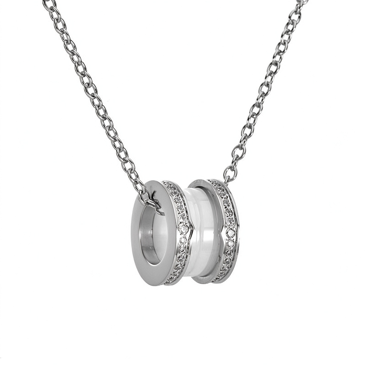 New Arrival Fashion Women Silver Rose Gold Stainless Steel Spring Black White Zircon Ceramics Pendant Necklace Jewelry