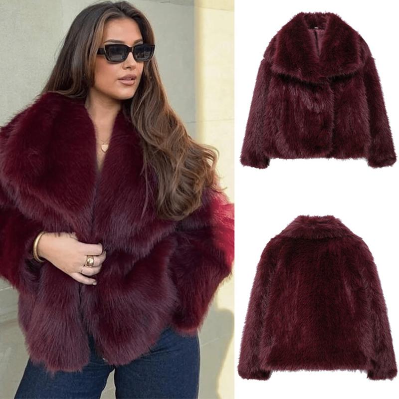 Veste en fausse fourrure pour femmes, couleur unie, manches longues, col à revers, décontracté, Streetwear, manteau d'hiver avec poches, bordeaux