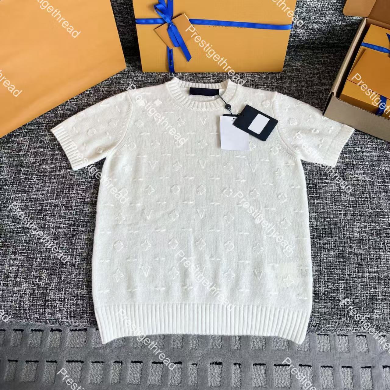 Designer High-Quality Women's Knits & Tees Pure White Embossed All-Over Print Short-Sleeve Knit Top with Vintage Letter Jacquard