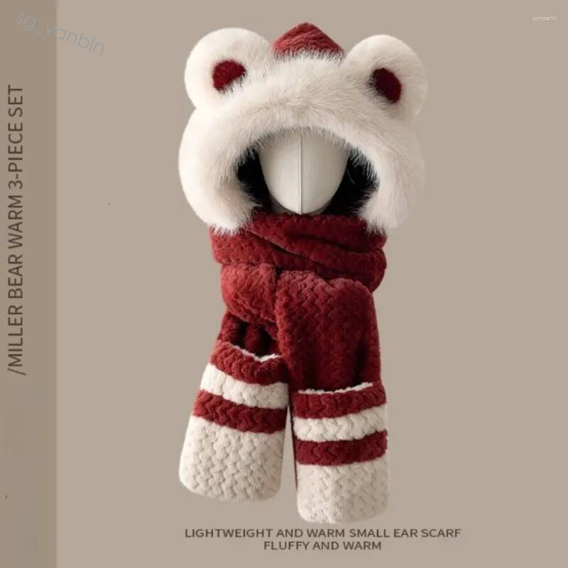 Beanies in one Hat Winter Women's Plus Bear Scarf Gloves One Hooded Cute Warm Plush Three piece Suit To Prevent Cold Hot