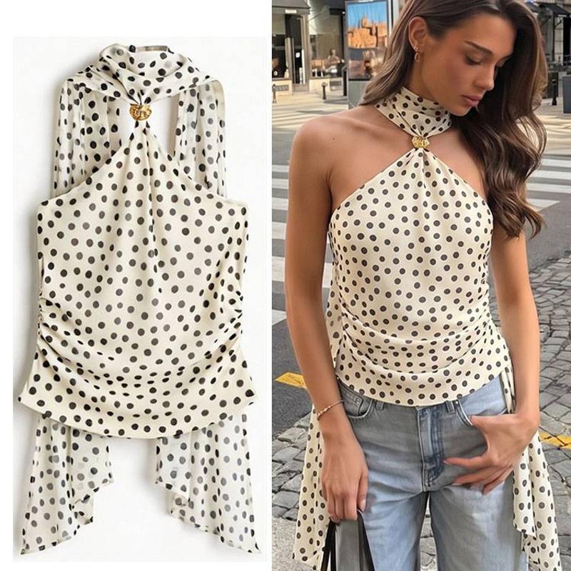 Women Polka Dot Halter Tank Top Sleeveless Slim Fit Summer Cami with Built-in Pads Casual Streetwear