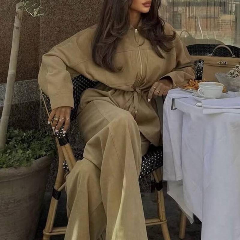 Tenue d'automne deux pièces de styliste pour femmes, ensemble veste à manches longues et pantalon à jambes larges, vêtements d'automne décontract