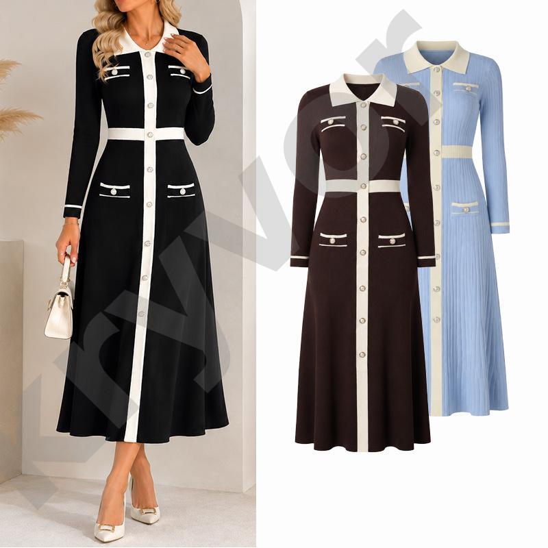 Designer Femmes Français Élégant Color Block Revers Robe Tricotée À Manches Longues Avant Simple Boutonnage Fausse Poche Slim Fit Ourlet Évasé Ca