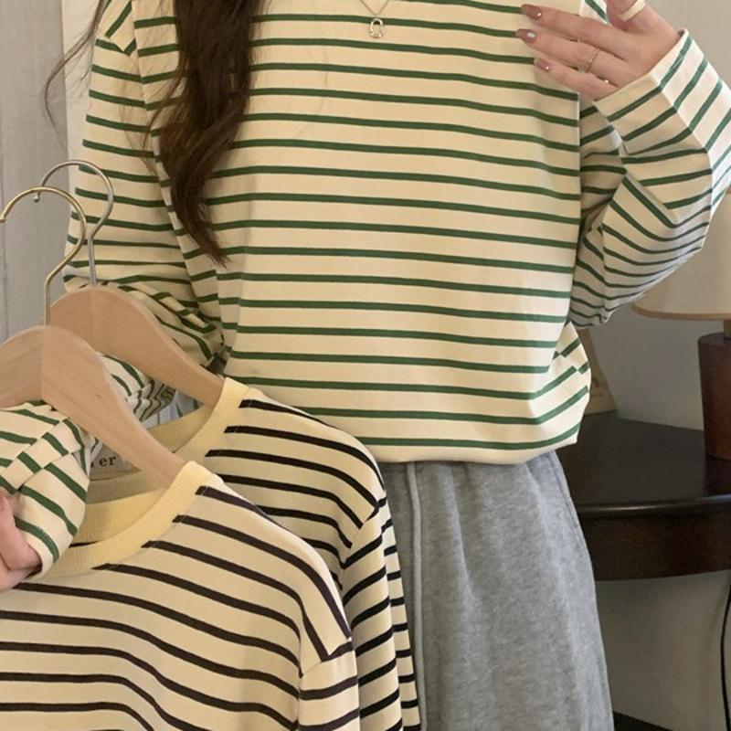 Designer Women's Spring Striped Long Sleeve T-Shirt Round Neck Loose Slimming Versatile Basic Top Black Green