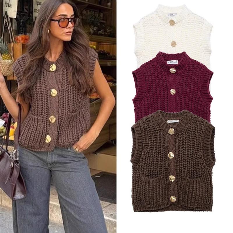 Women Sleeveless Knit Sweater Vest Solid Color Round Neck Pockets Loose Short Cardigan Spring 2026 Streetwear