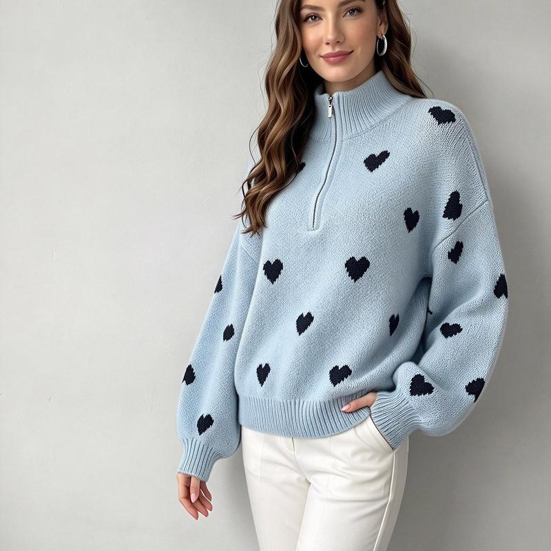 Pull en tricot Jacquard pour femmes, demi-fermeture éclair, col montant, manches longues, épaules tombantes, surdimensionné, doux, haut tricoté