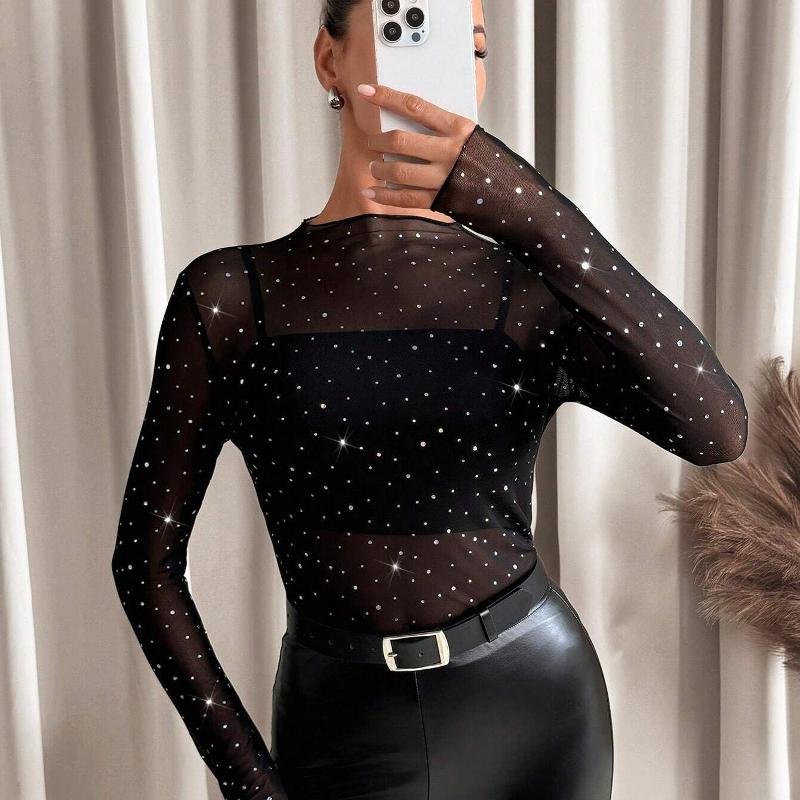 T-Shirt à manches longues en maille transparente et strass pour femmes, haut col montant, chemisier décontracté élégant