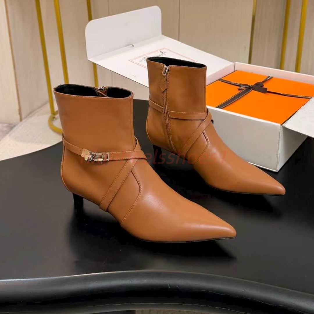 H Luxury Designer Ankle Boots Women Genuine Leather Kelly Lock Buckle Short Bootie Pointed Toe Kitten Heels Round Toe Flat Moto Riding Boots Brown B