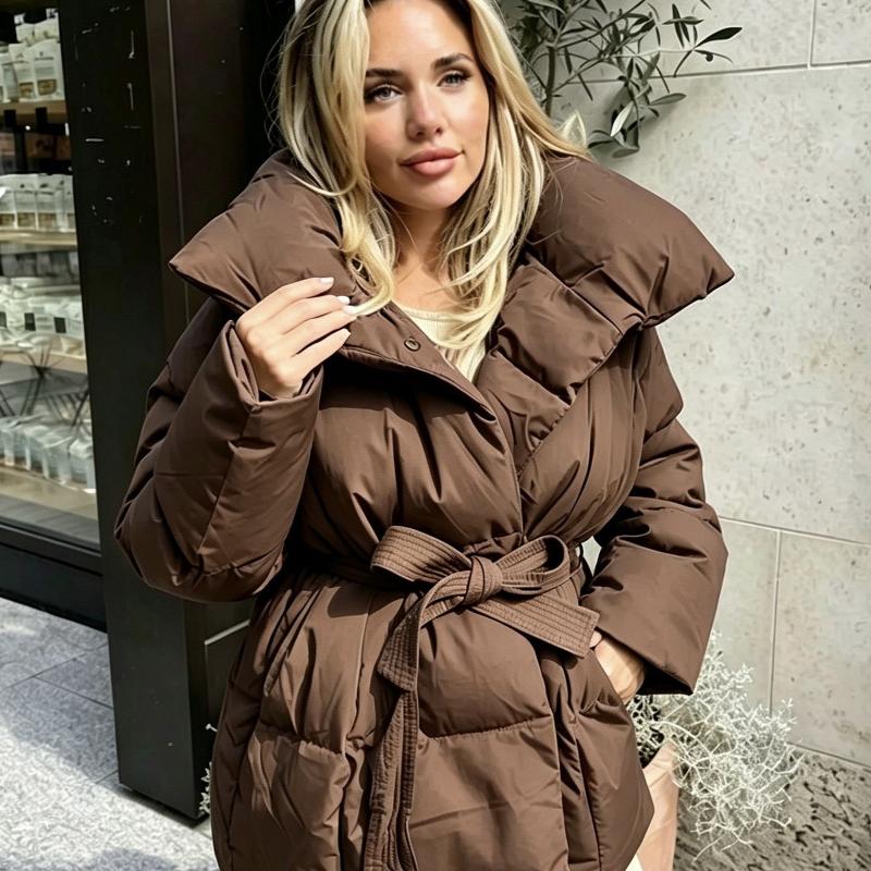 Manteau rembourré d'hiver de haute qualité pour femmes, manches longues, cravate à la taille, col rabattu, veste Streetwear mi-longue, couleur un