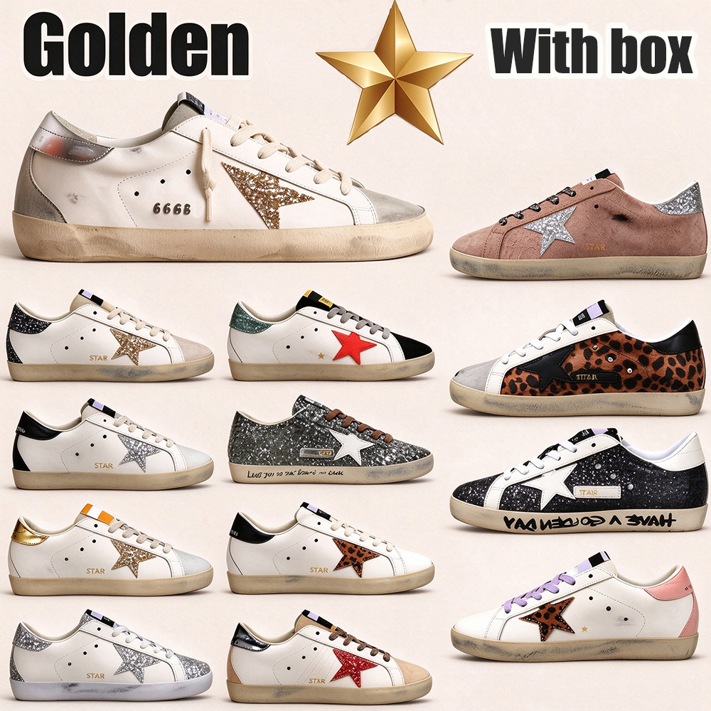 With box Super Star Sneakers Designer Dirty Shoes Men Women Sneaker Real leather upper feature a gold glitter star Handmade Customized Italian style