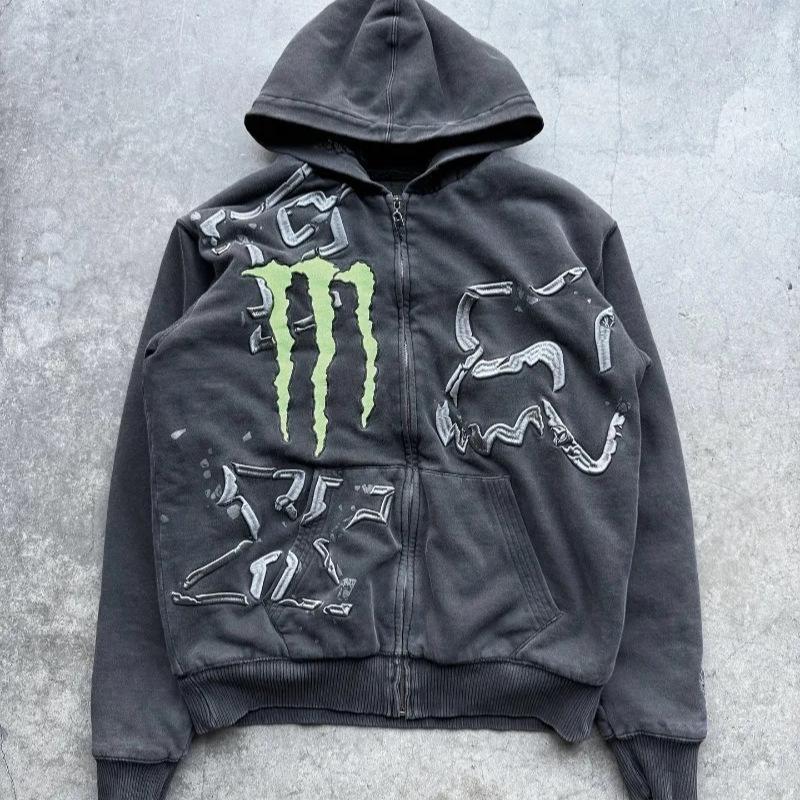 Designer High Quality Men's Vintage Zip Up Hoodie Loose Fit Printed Hooded Sweatshirt Casual Long Sleeve Jacket Spring Outerwear