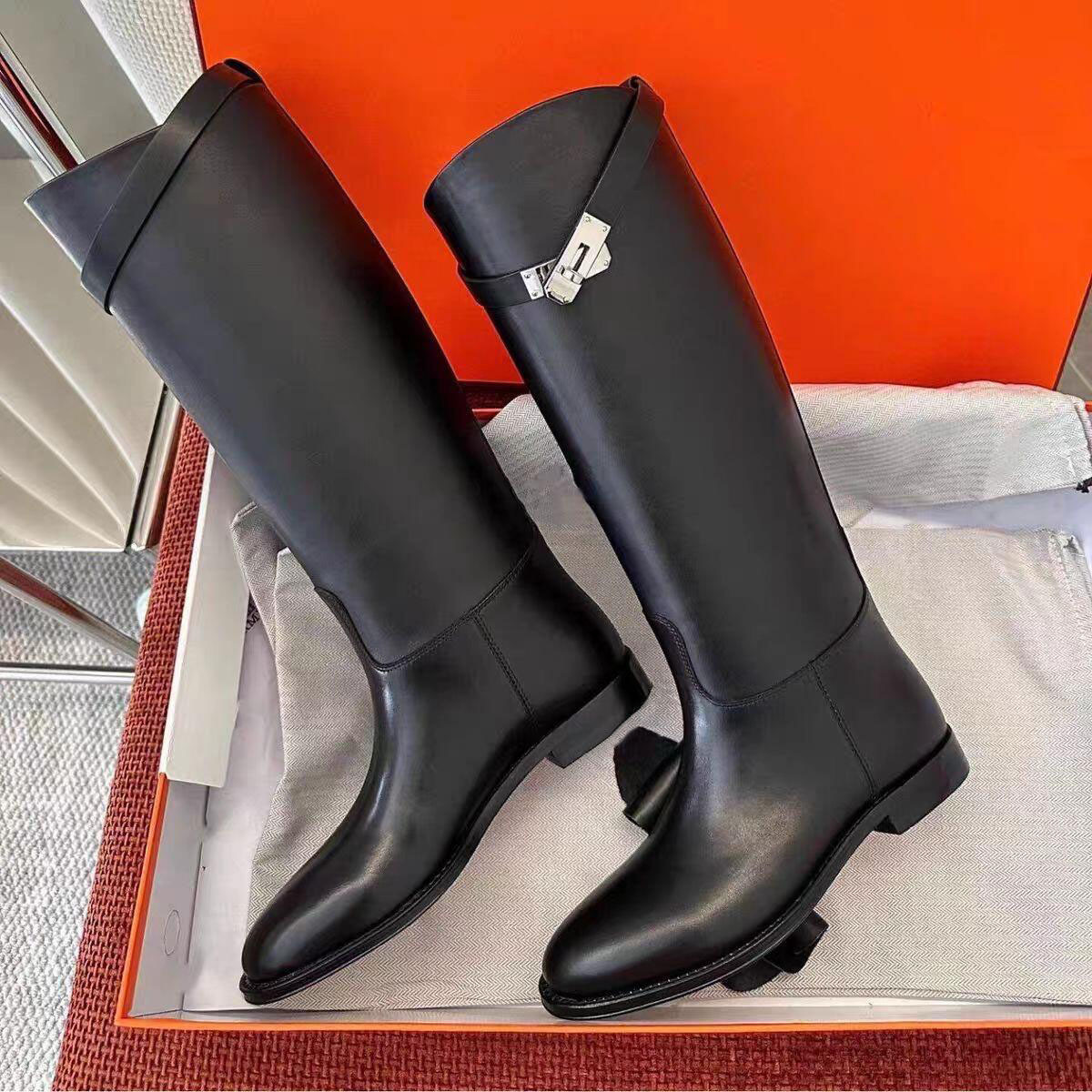 Women boots Leather Knee High Boots Flat Low Heel Metal Buckle Decor Riding Boots Fashion Ladies Round Toe Tall Long Boots EU35-41