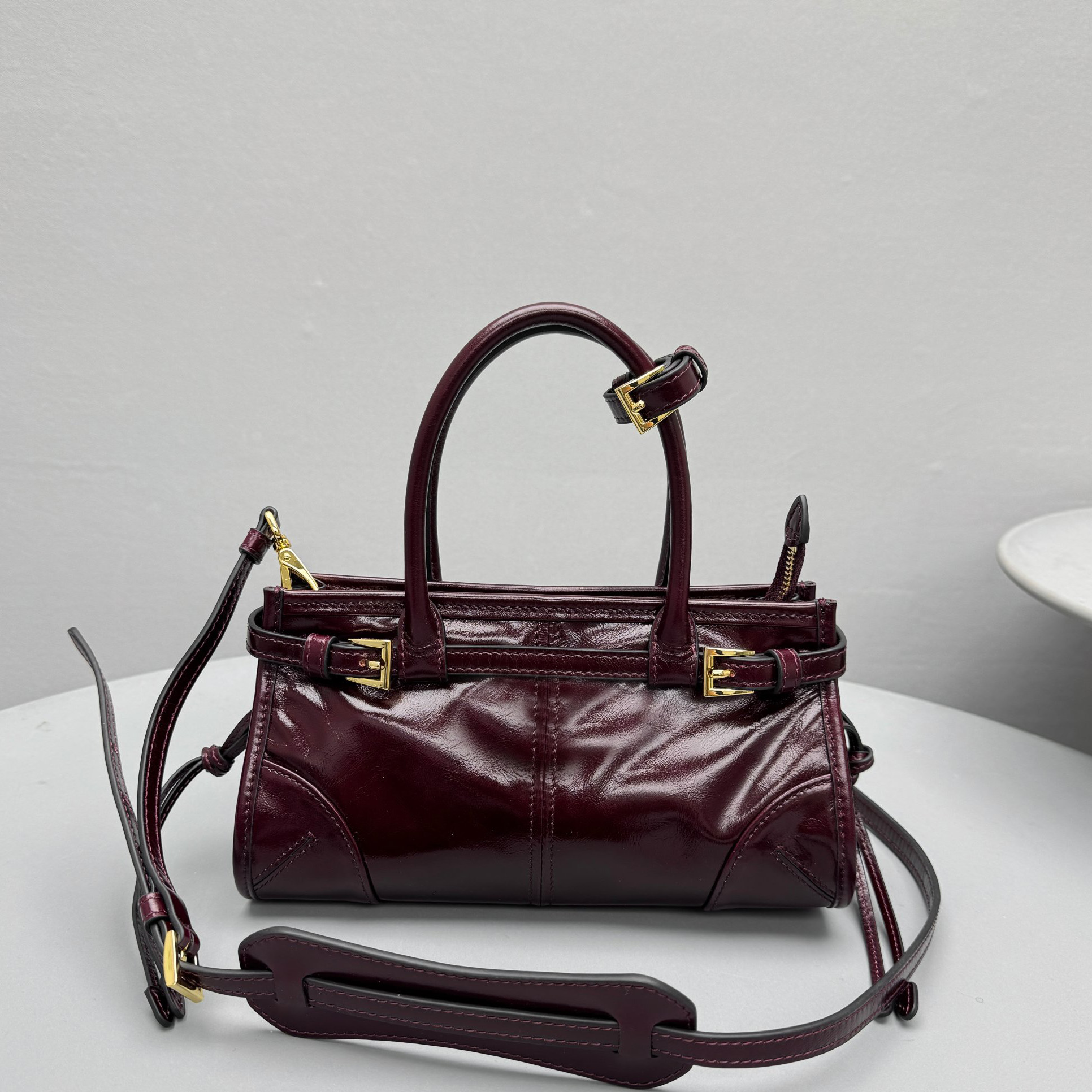 Designer Bag Mini Belt Tote Handbag, Burgundy Waxed Cow Leather Purse, Gold Buckle Detail, Top Handle & Crossbody Strap, For Daily Outfit, Shopping,