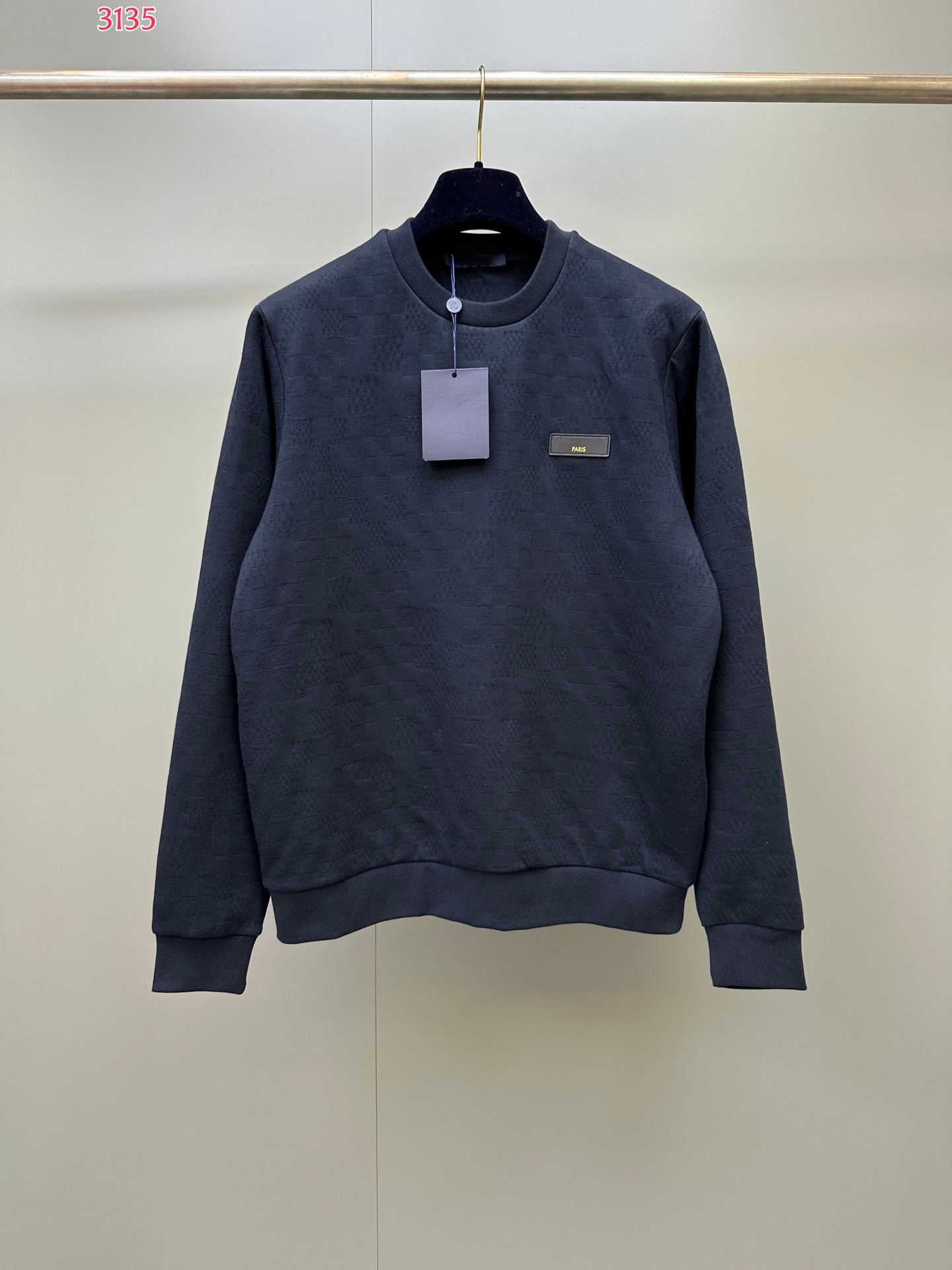 2026 Fall Designer Crew Neck Sweatshirt Luxury Damier Jacquard Pattern Casual Pullover With Faux Leather Patch For Men Navy Color Fashion Daily Wear