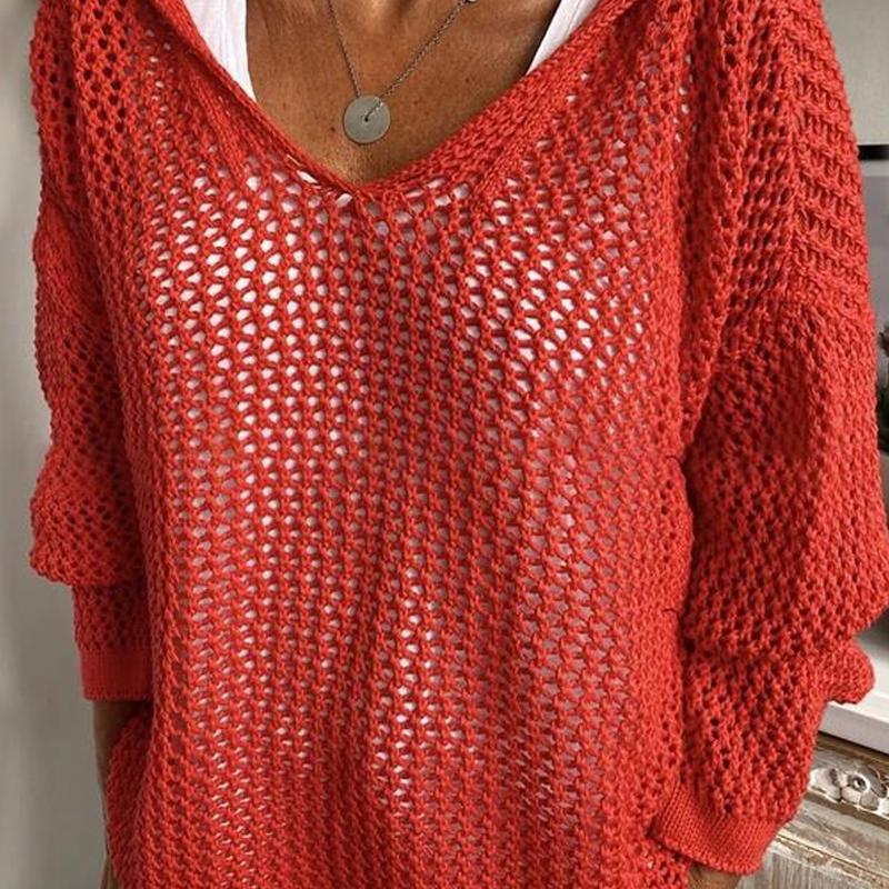 Pull en tricot ouvert pour femmes, col en V profond, épaules tombantes, manches longues, surdimensionné, maille creuse transparente, haut tricoté
