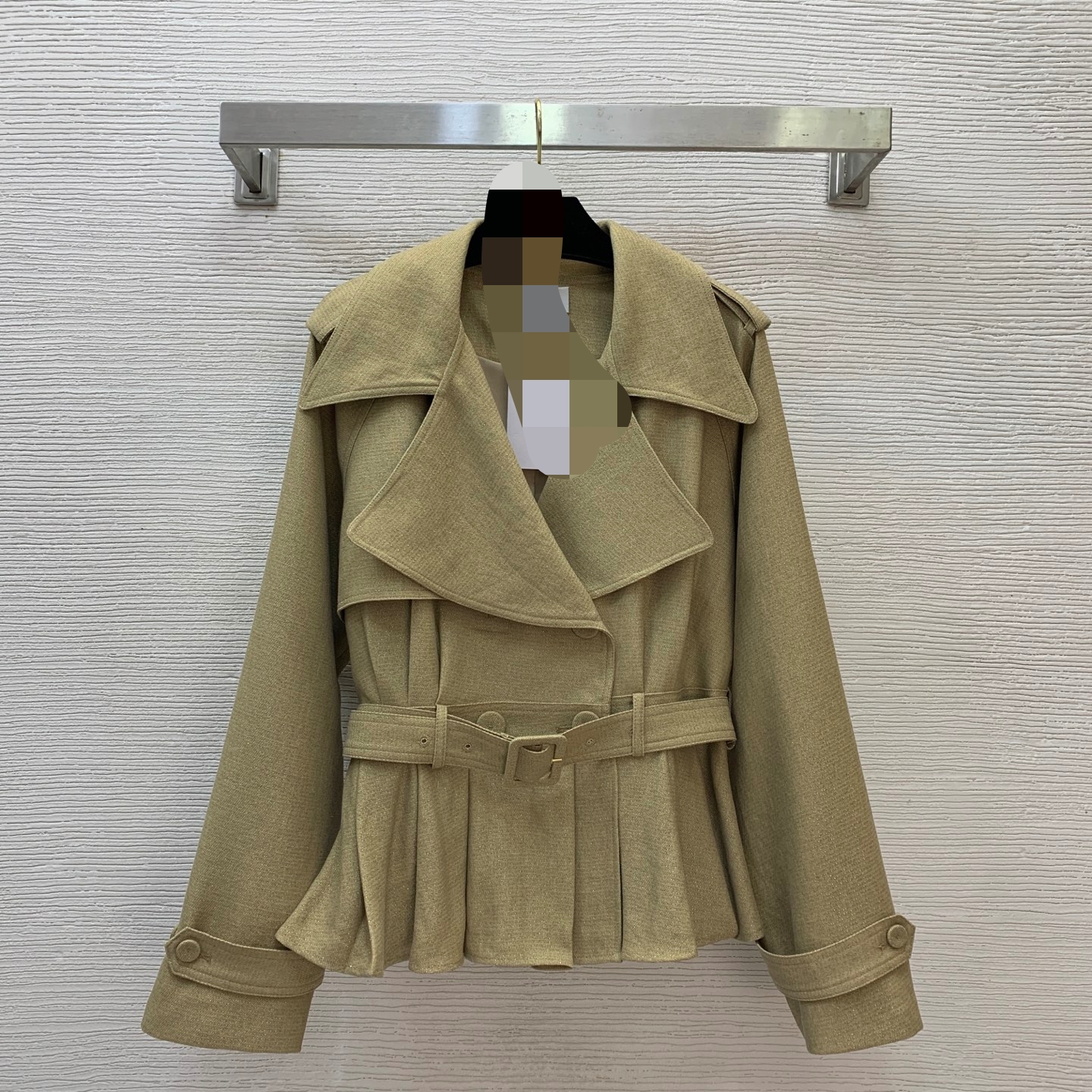 G26102157 2026 nouveau manteau coupe-vent à manches longues en tissu mélangé de fil d'or début d'automne avec col large et fermeture à double bou