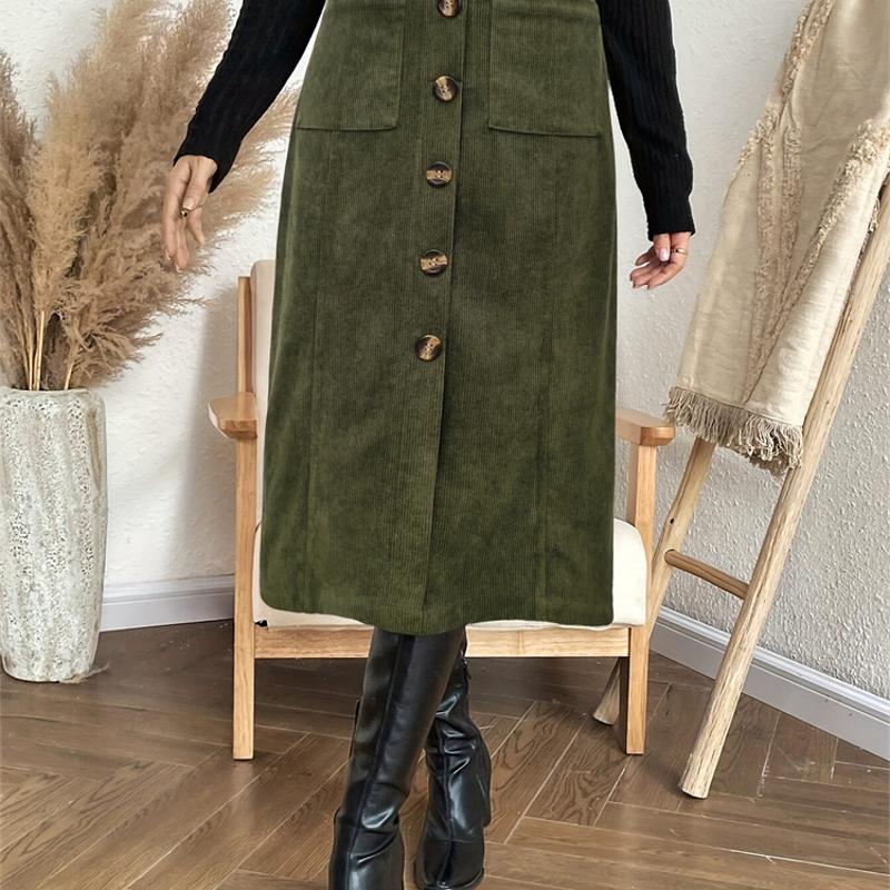 Designer Women's Autumn Straight Midi Skirt Elastic Waist Button Faux Fly Patch Pockets Casual Commute Army Green