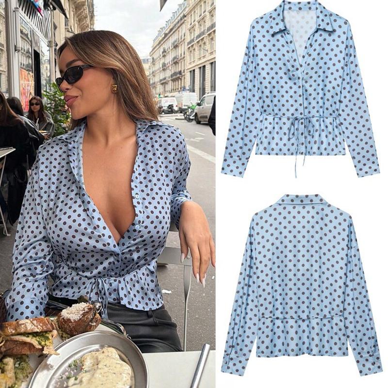 Chemise à pois pour femmes, manches longues, col en V, cravate sur le devant, chemisier de Style français, nouvelle mode printemps automne, Stree