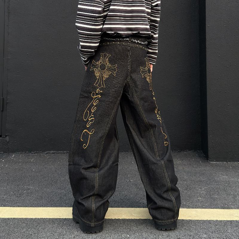Designer High Quality Oversized Men Women Black Cross Embroidery Jeans High Waist Wide Leg Washed Denim Pants Unisex Vintage Streetwear 2026