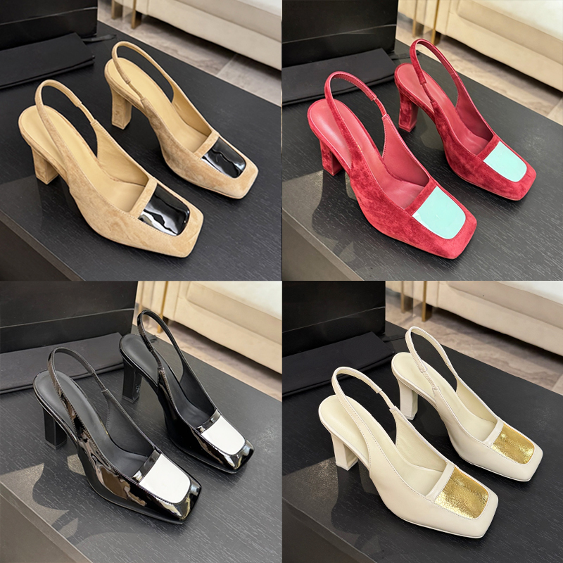 Top Quality Designer Slingback Pumps Elegant Women Suede Dress Shoes Leather Sling Back Shoes Summer Party Sandals Square Toe Office Daily Wear 1218
