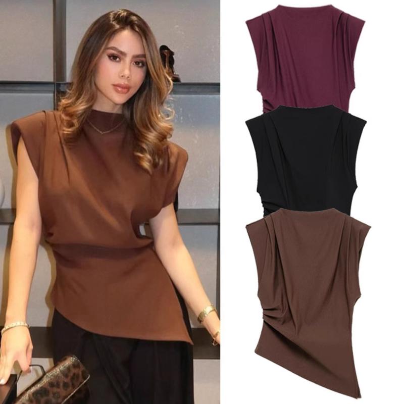 Designer Women's Spring Fashion Asymmetric Ruffle Padded Shoulder Top, Solid Color Sexy Street-Style Blouse