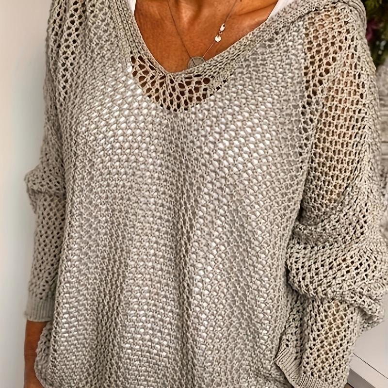 Haut en tricot ajouré transparent pour femmes, col en V profond, manches longues, coupe ample, maille aérée, pull tricoté