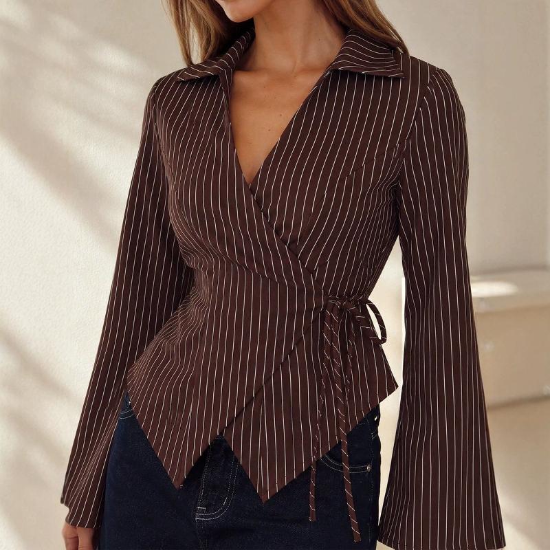 Chemise rayée à col en V pour femmes, taille à lacets, manches évasées, Slim Fit, chemisier de banlieue, haut élégant pour dame de bureau, printe