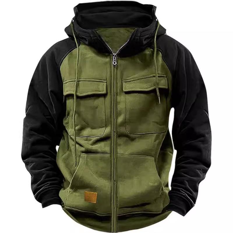 Sweat-shirt à capuche de couleur unie pour hommes, doublure polaire, multi-poches, fermeture éclair, manches longues, coupe ample, sport décontra