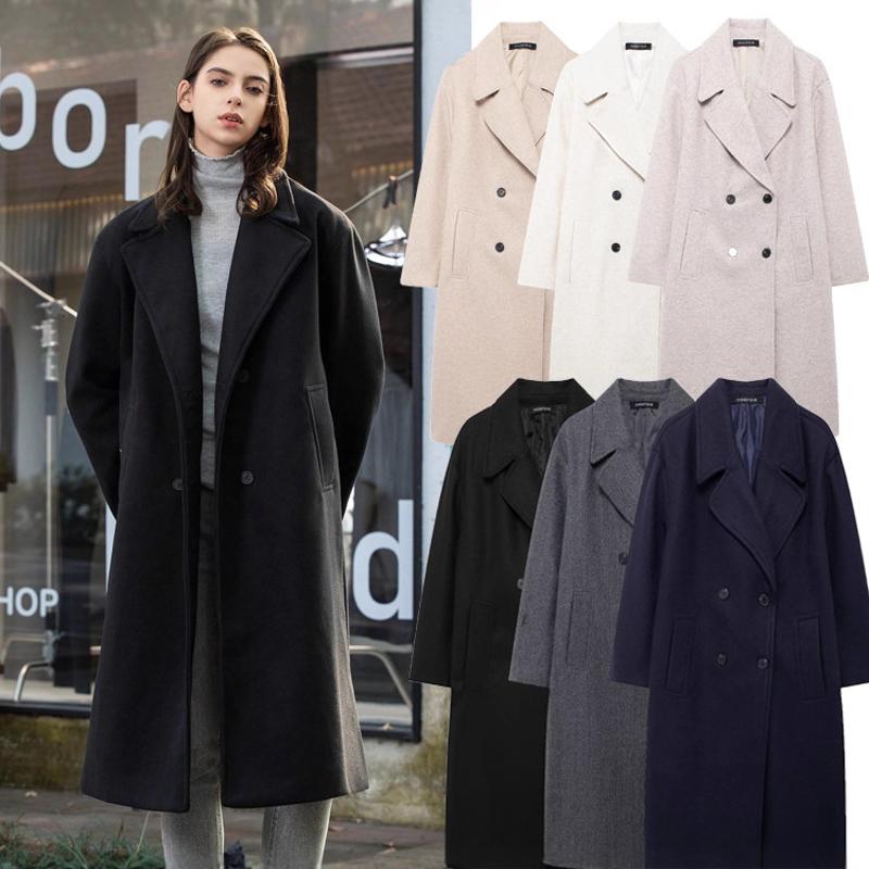Women's Designer Double-Breasted Long Coat, Solid Color Loose Fit Street-Style Winter Outerwear, Casual Lapel Jacket