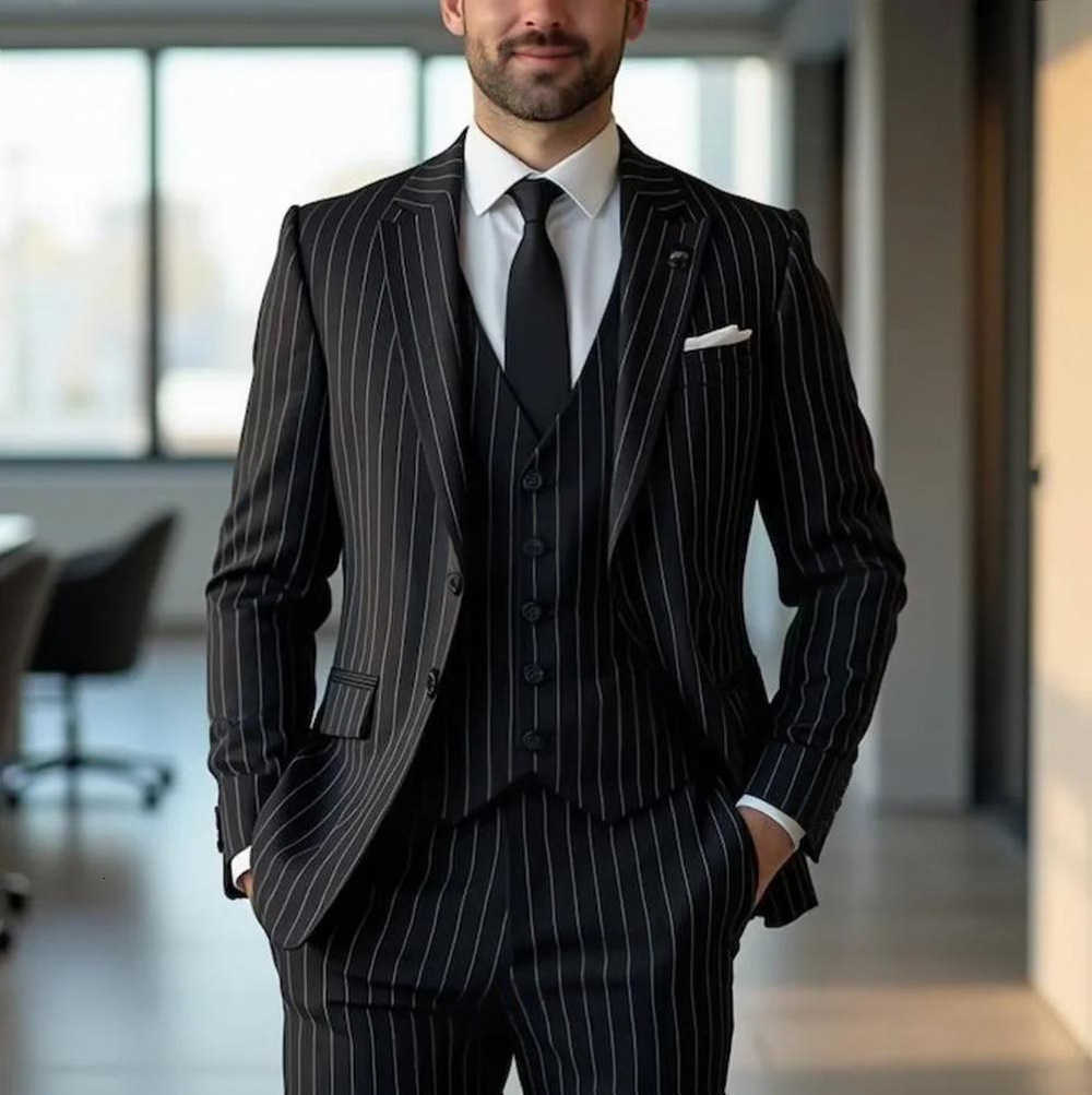 Black Pinstripe 3 Pieces Tuxedo Set Formal Mens Suits and Separates Single Breasted Business Wedding Office JacketVestPants X260721