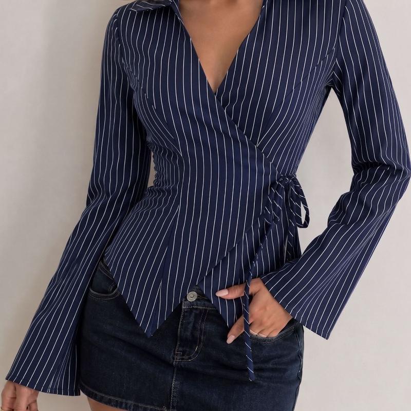 Designer Women Striped V Neck Shirt Lace Up Waist Flared Sleeve Slim Fit Commuter Blouse Top Spring Autumn Elegant Office Lady