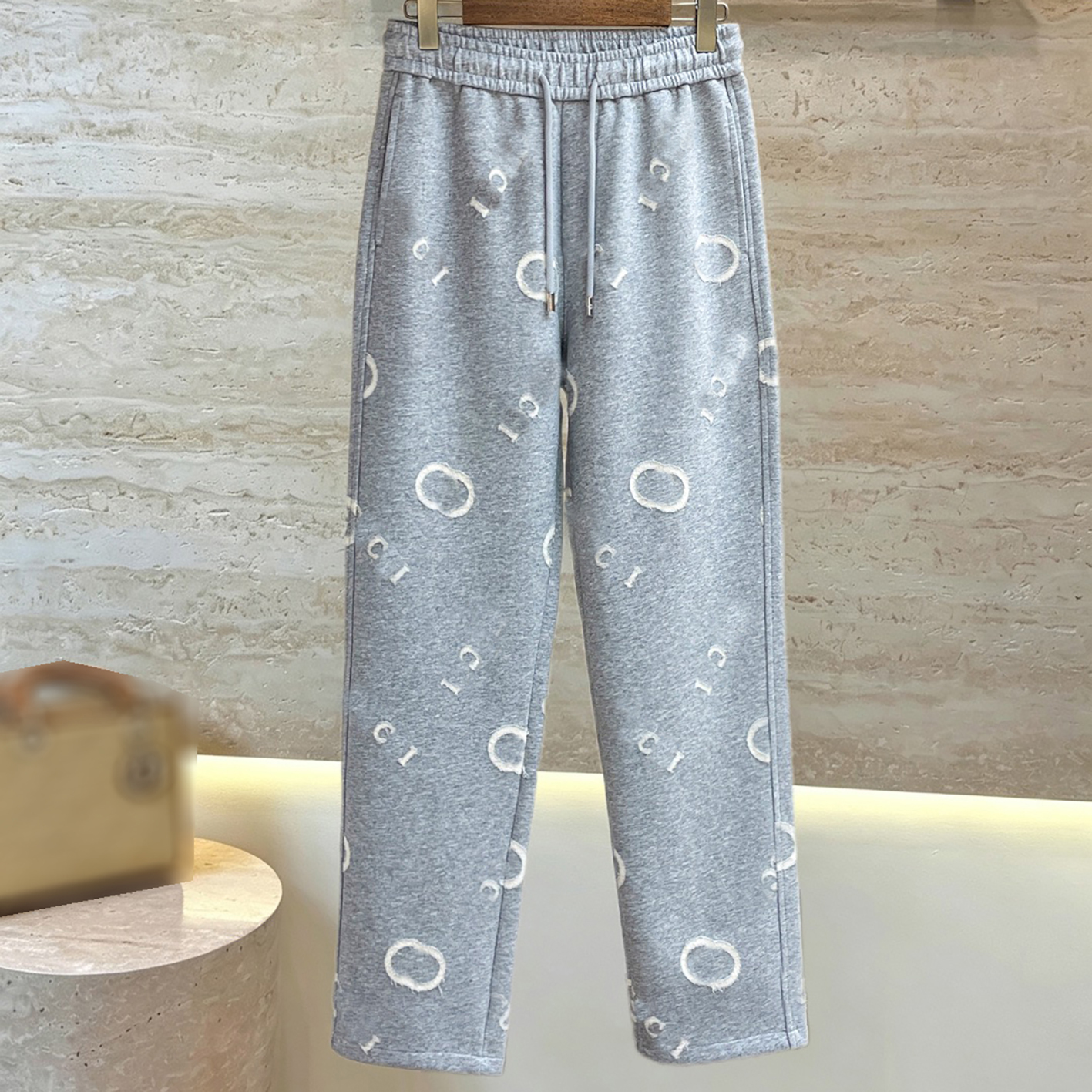 Designer brand clothing, high-quality men's gray GG presbyopia casual pants, drawstring wide leg straight leg sweatpants, pure cotton full body