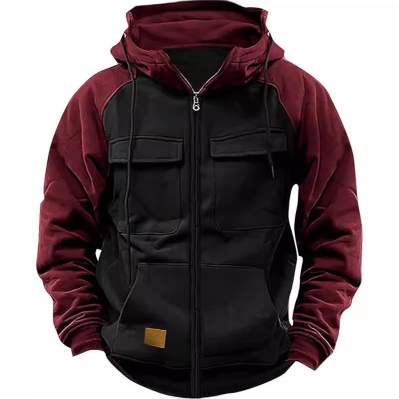 Sweat à capuche pour hommes, couleur unie, doublé polaire, multi-poches, fermeture éclair, manches longues, coupe ample, sport décontracté, hiver
