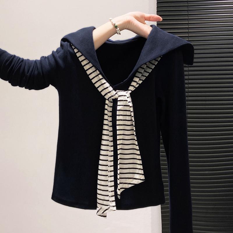 T-shirt rayé à manches longues pour femmes, coupe ajustée, col marin, haut décontracté