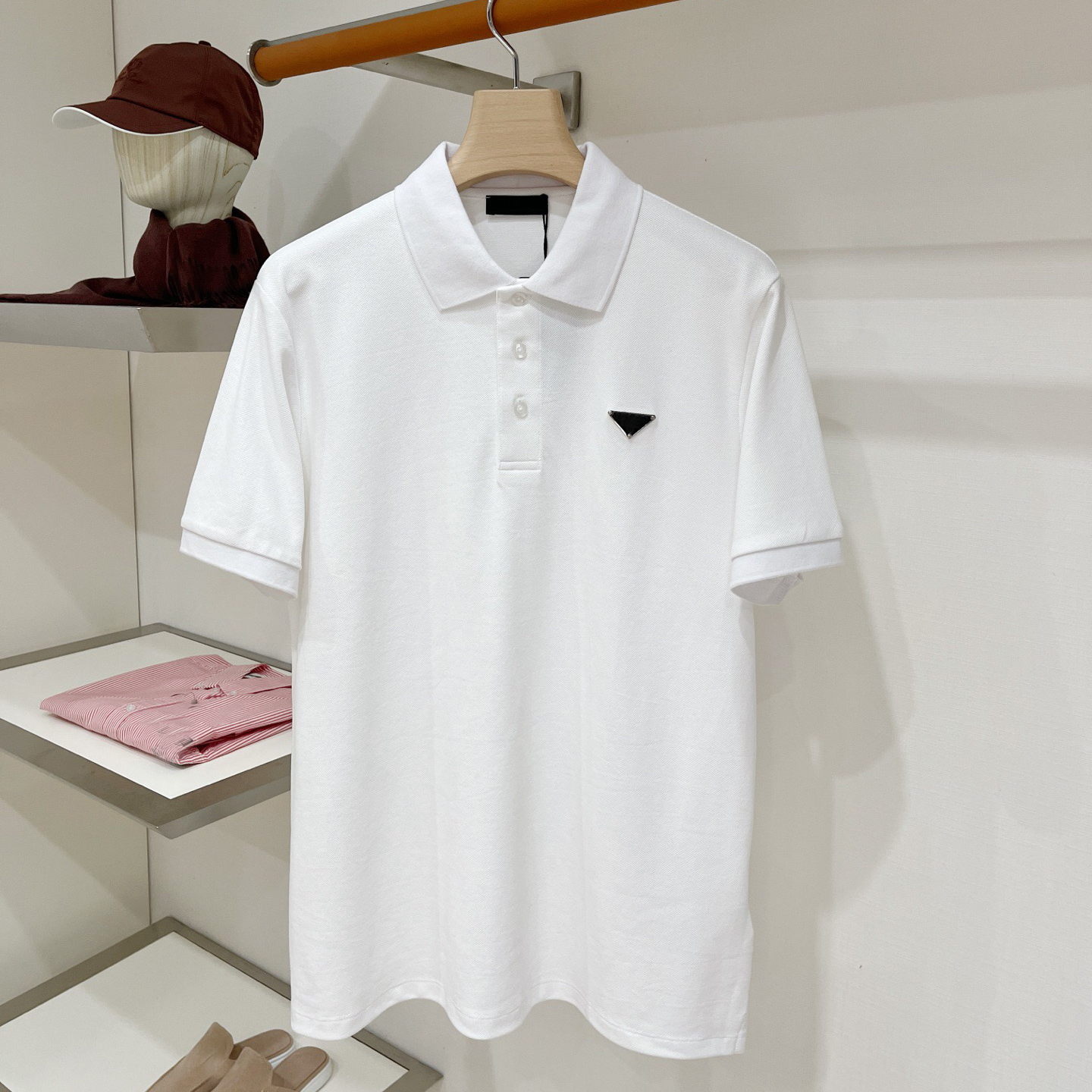 Designer brand clothing, high-quality men's black triangle logo short sleeved Polo shirt, casual simple lapel Polo, pearl cotton business short
