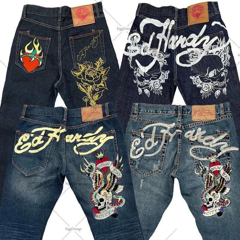Designer High Quality Oversized Men's Y2K Printed Hip Hop Jeans Straight Leg Vintage Loose Wide Leg Denim Pants Streetwear Washed Blue Black