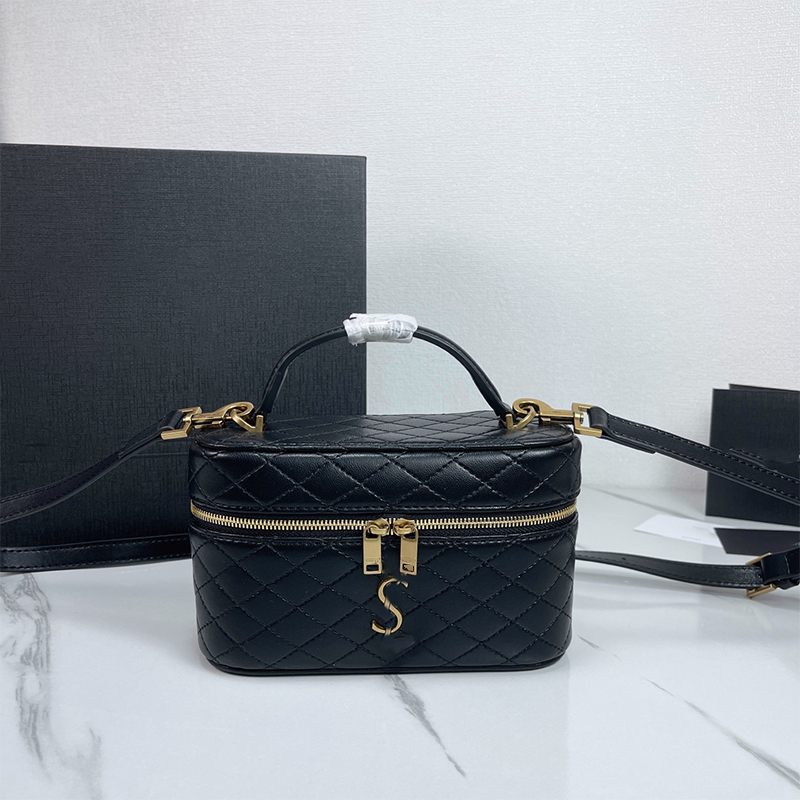 Designer Bag Women Quilted Vanity Box Handbag Luxury Mini Makeup Case Top Handle Crossbody Shoulder Bag Detachable Strap Multi Colors