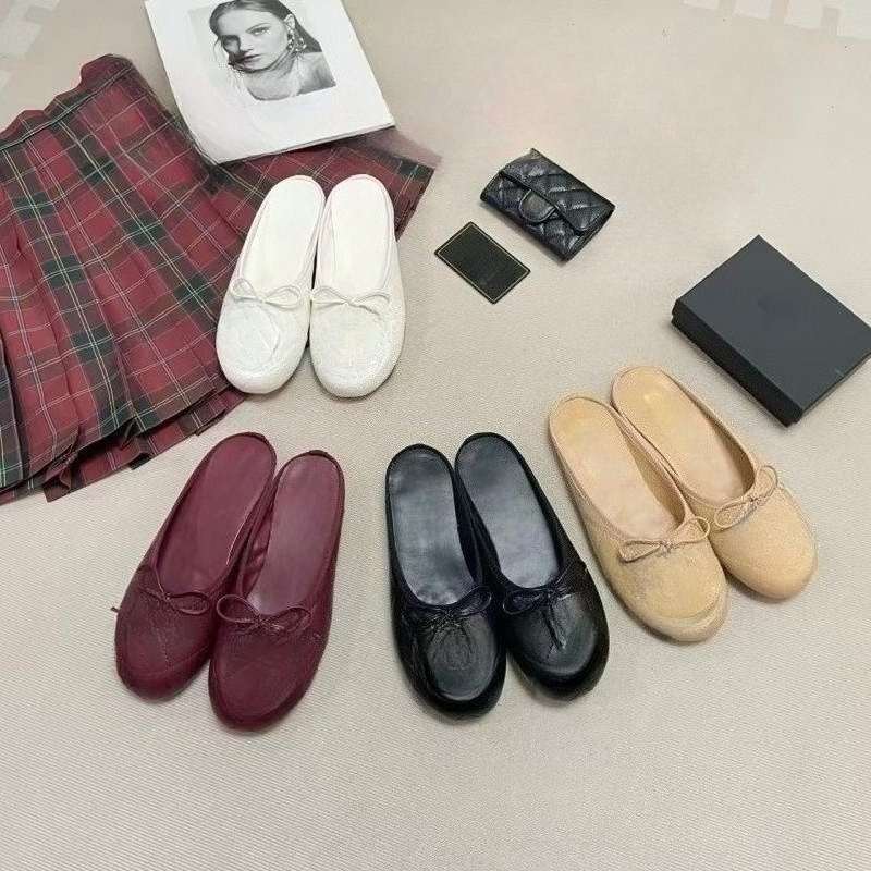 CC Designer Shoes Mules de ballet à bout rond pour femme - Élégantes décorations avec nœud - Pantoufles plates dos nu - Mode à enfiler - Chaussur