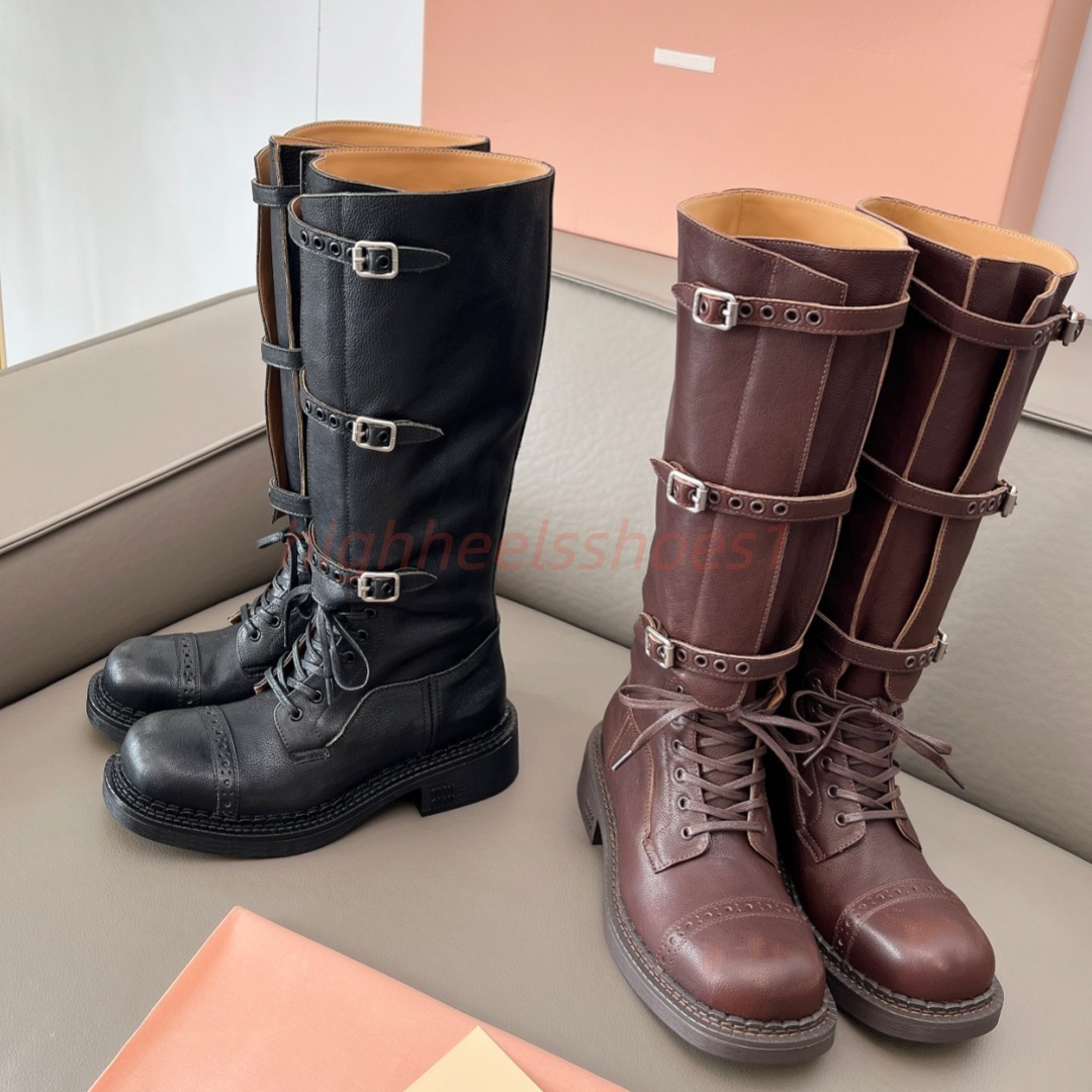 Luxury Designer Knee High Boots Women Genuine Leather Combat Moto Riding Boot Triple Buckled Straps Lace Up Punk Gothic Goth Motorcycle Long Booties