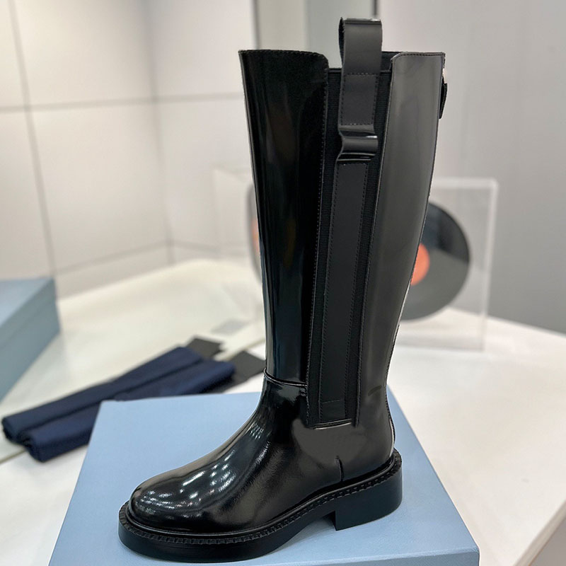 Leather Boots Designer Womens Patent Leather Straight Leg High Leg Knight Boots With Elastic Webbing On The Side Thick Low Heel Round Toe Slim Commu