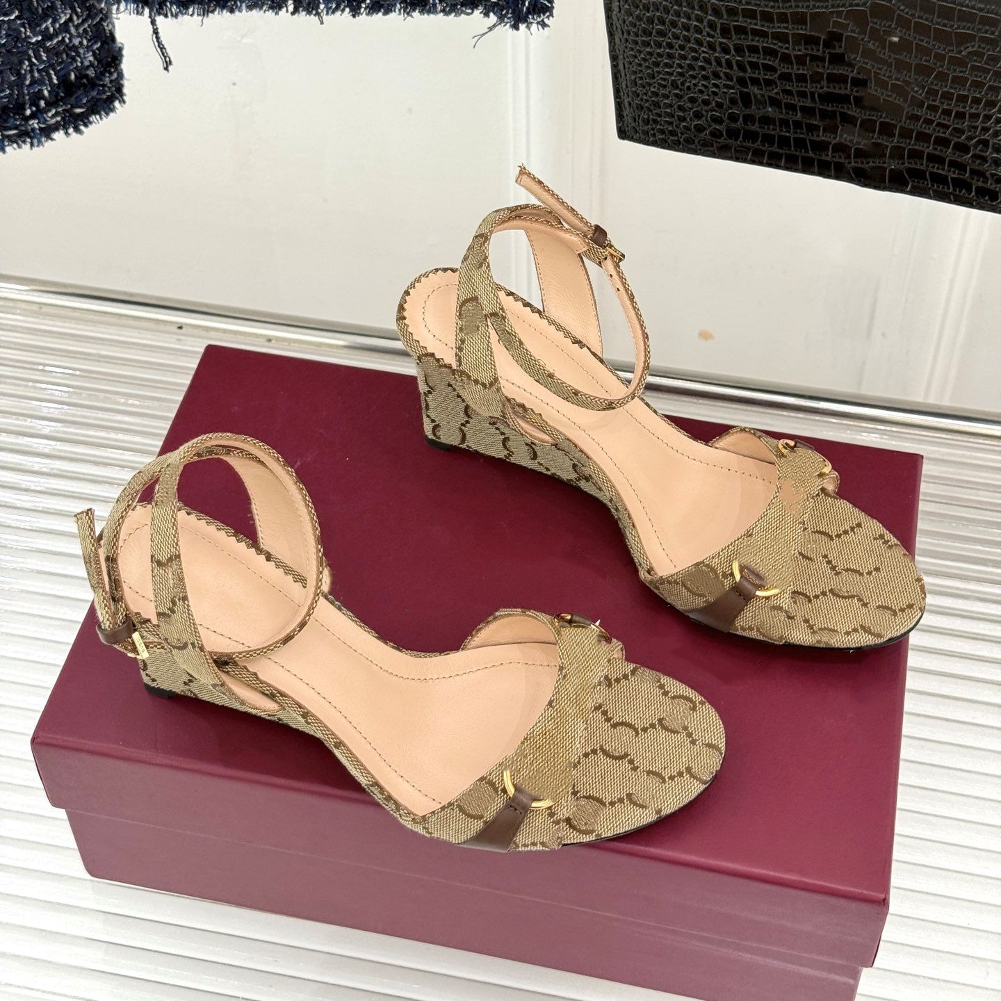 Brown Blue canvas Denim wedge Sandal Designer platform shoe Womens leather slipper Luxury Beach Outdoor sport walk Casual Vintage Dress Elegant glad